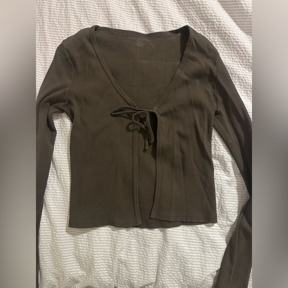 Brandy Melville Brown Ribbed Tie-Front Long Sleeve Top